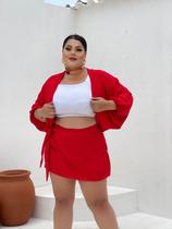 Conjunto Plus Size Short Saia com Laço Lateral Blusa Kimono