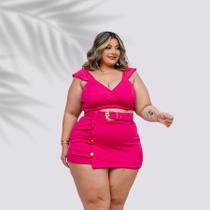 Conjunto Plus Size Short Saia Detalhe Botão e Cinto 0600