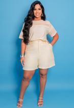 Conjunto Plus Size Shorts e Blusa Detalhe Crochê