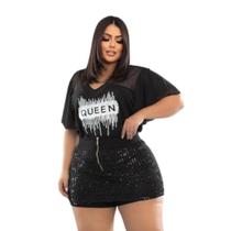 Conjunto Plus Size Shorts Saia Paetê + Blusa Queen Tule 0464