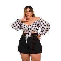 Conjunto Plus Size Xadrez Cropped Manga e Short C Cinto 0483