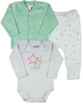 Conjunto Plush Bebe Menina Casaco Body e Culote Bordado Estrelas - Verde