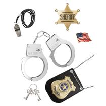 Conjunto Police Badge Police Pretend Play para algemas de metal com a chave da bandeira americana acenando alfinetes de lapela, apito, Halloween, distintivo do xerife da polícia de Nova York, vestido, acessório de fingir, preto