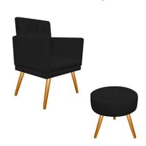 Conjunto Poltrona Cadeira e Puff Nanda Capitonê Decorativa Sala Recepção Tecido Sintético Preto - KDAcanto Móveis