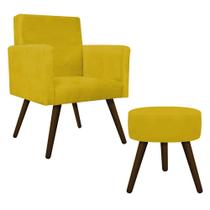 Conjunto Poltrona Decorativa Arenzza e Puff Sofia Palito Tabaco Suede Amarelo - DAMAFFÊ MÓVEIS