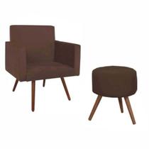 Conjunto Poltrona Decorativa Nina e Puff Redondo Pés Palito Suede Marrom VickyDecor