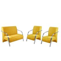 Conjunto Poltrona Decorativa Sevilha Braço Alumínio kit 3 peças Confortável Sala Suede Amarelo