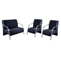 Conjunto Poltrona Decorativa Sevilha Braço Alumínio kit 3 peças Confortável Sala Suede Azul Marinho