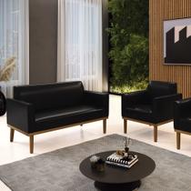 Conjunto Poltrona e Namoradeira Decorativa Isabella Pés Fixo em Madeira Castanho PU Preto Brilho G19 - Gran Belo