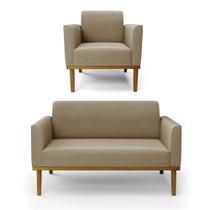 Conjunto Poltrona e Namoradeira Decorativa Isabella Pés Fixo em Madeira Castanho Suede Nude G19 - Gran Belo Conjunto Poltrona e Namoradeira Decorativa Isabella Pés Fixo em Madeira Castanho Suede Nude G19 - Gran Belo