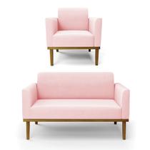 Conjunto Poltrona e Namoradeira Decorativa Isabella Pés Fixo em Madeira Castanho Suede Rosa Bebê G19 - Gran Belo