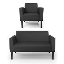 Conjunto Poltrona e Namoradeira Decorativa Isabella Pés Fixo em Madeira Preto PU Preto G19 - Gran Belo Conjunto Poltrona e Namoradeira Decorativa Isabella Pés Fixo em Madeira Preto PU Preto G19 - Gran Belo