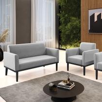 Conjunto Poltrona e Namoradeira Decorativa Isabella Pés Fixo em Madeira Preto Suede Cinza G19 - Gran Belo