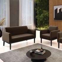 Conjunto Poltrona e Namoradeira Decorativa Isabella Pés Fixo em Madeira Preto Suede Marrom 19 - Gran Belo