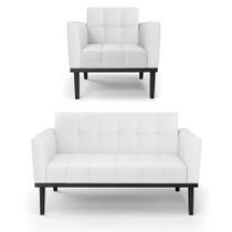 Conjunto Poltrona e Namoradeira Decorativa Karen Pés Fixo em Madeira Preto PU Branco G19 - Gran Belo Conjunto Poltrona e Namoradeira Decorativa Karen Pés Fixo em Madeira Preto PU Branco G19 - Gran Belo