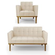 Conjunto Poltrona e Namoradeira Decorativas Karen Pés Fixo em Madeira Castanho PU Bege G19 - Gran Belo Conjunto Poltrona e Namoradeira Decorativas Karen Pés Fixo em Madeira Castanho PU Bege G19 - Gran Belo