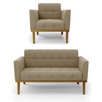 Conjunto Poltrona e Namoradeira Decorativas Karen Pés Fixo em Madeira Castanho Suede Nude G19 - Gran Belo Conjunto Poltrona e Namoradeira Decorativas Karen Pés Fixo em Madeira Castanho Suede Nude G19 - Gran Belo