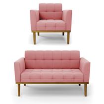 Conjunto Poltrona e Namoradeira Decorativas Karen Pés Fixo em Madeira Castanho Suede Rose G19 - Gran Belo Conjunto Poltrona e Namoradeira Decorativas Karen Pés Fixo em Madeira Castanho Suede Rose G19 - Gran Belo