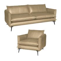 Conjunto Poltrona e Sofá Decorativo Sala de Estar América 2 Lugares 200cm Couro Bege - Mozzelar Conjunto Poltrona e Sofá Decorativo Sala de Estar América 2 Lugares 200cm Couro Bege - Mozzelar