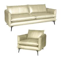 Conjunto Poltrona e Sofá Decorativo Sala de Estar América 3 Lugares 220cm Couro Tiza - Mozzelar