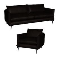 Conjunto Poltrona e Sofá Decorativo Sala de Estar América 4 Lugares 240cm Couro Marrom - Mozzelar Conjunto Poltrona e Sofá Decorativo Sala de Estar América 4 Lugares 240cm Couro Marrom - Mozzelar
