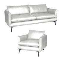 Conjunto Poltrona e Sofá Decorativo Sala de Estar América 4 Lugares 260cm Couro Branco - Mozzelar Conjunto Poltrona e Sofá Decorativo Sala de Estar América 4 Lugares 260cm Couro Branco - Mozzelar