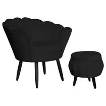 Conjunto Poltrona Estofada Com Puff Sala de Estar Pétala Suede Preto - LM DECOR