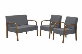 Conjunto Poltrona Luna Braço Madeira D Salla Suede Grafite