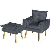 Conjunto Poltrona Para Sala Decorativa e Puff Opala Suede Cinza Click Pol