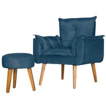 Conjunto Poltrona Para Sala Decorativa Opala e Puff Redondo Suede Azul Click Pol