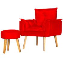 Conjunto Poltrona Para Sala Decorativa Opala e Puff Redondo Suede Vermelho Claro Arapol