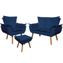 Conjunto Poltrona Puff e Namoradeira Pés Palito Charger Suede Azul Marinho G19 - Gran Belo Conjunto Poltrona Puff e Namoradeira Pés Palito Charger Suede Azul Marinho G19 - Gran Belo
