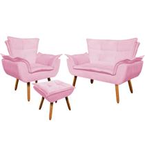 Conjunto Poltrona Puff e Namoradeira Pés Palito Charger Suede Rosa G19 - Gran Belo Conjunto Poltrona Puff e Namoradeira Pés Palito Charger Suede Rosa G19 - Gran Belo