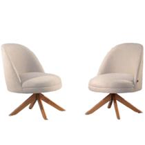 Conjunto Poltronas Decorativa Lilli Off White com Base Giratória em Madeira