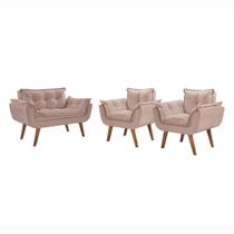 Conjunto Poltronas Decorativas Opalla 1 Namoradeira e 2 Poltronas de 1 Lugar Pés em Madeira D Salla