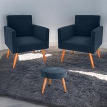 Conjunto Poltronas e Puff Anari Veludo Azul Conjunto Poltronas e Puff Anari Veludo Azul