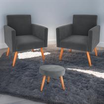Conjunto Poltronas e Puff Anari Veludo Cinza Conjunto Poltronas e Puff Anari Veludo Cinza