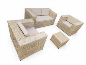 Conjunto Poltronas e Sofá de Fibra Sintética cor Palha e Almofadas Acquablock Jardim Varanda Área Externa