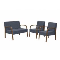 Conjunto Poltronas Jade Braço Madeira Suede Azul Bic
