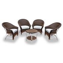 Conjunto Poltronas Jardim Bali Fibra Sintética Alumínio 4 Poltronas e Mesa Centro - Tecido Duna Cru