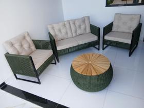 Conjunto Poltronas Sofá e Mesa em Corda Náutica Cor Verde Militar Jardim Varanda Sacadas Sala Star
