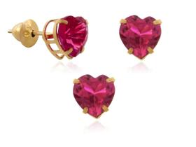 Conjunto Ponto De Luz Coração Ouro 18k Zircônia Vermelha 6mm
