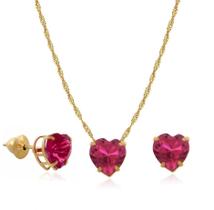 Conjunto Ponto De Luz Coração Vermelho Ouro 18k Singapura Conjunto Ponto De Luz Coração Vermelho Ouro 18k Singapura