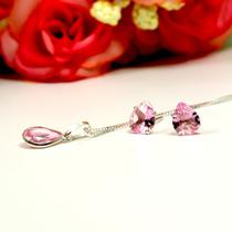 Conjunto Ponto Luz Gota Rosa Prata Legitima 925