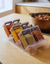 Conjunto Porta-Condimentos Hermético Plasútil Cristal Base Modular 7 Peças Organizador de Temperos Cozinha e Armário