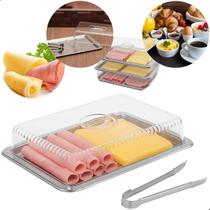 Conjunto Porta Frios Retangular Inox COm Pegador Queijo Presunto Tampa Cúpula de Acrílico