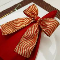 Conjunto Porta-Guardanapos Festa Laço Vermelho e Dourado Natal 6 Peças