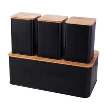 Conjunto Porta Pão com 3 Potes de Metal e Tampa de Bambu Preto Conjunto Porta Pão com 3 Potes de Metal e Tampa de Bambu Preto