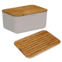 Conjunto Porta Pão com Tampa Caixa 33cm E Tábua Migalheira Bege Base Bambu 33x23cm Lume Ou
