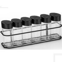 Conjunto Porta Temperos Arthi Black - 6 Potes com Suporte de Parede Prático e Elegante para Cozinha Moderna